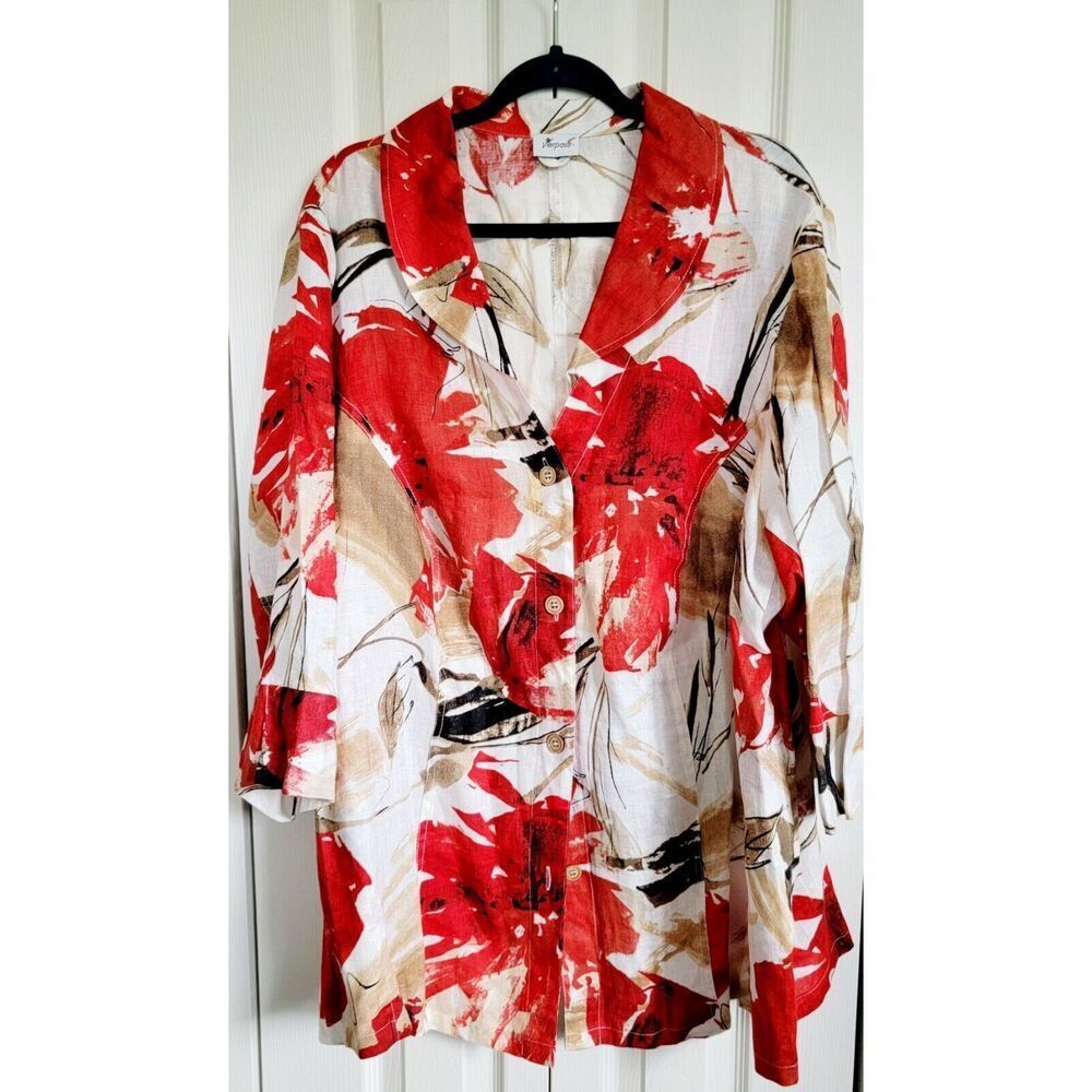 Verpass 3X/4X 100% Linen Jacket Size G54 3/4 Sleeve Tan‎ Red Floral Pockets